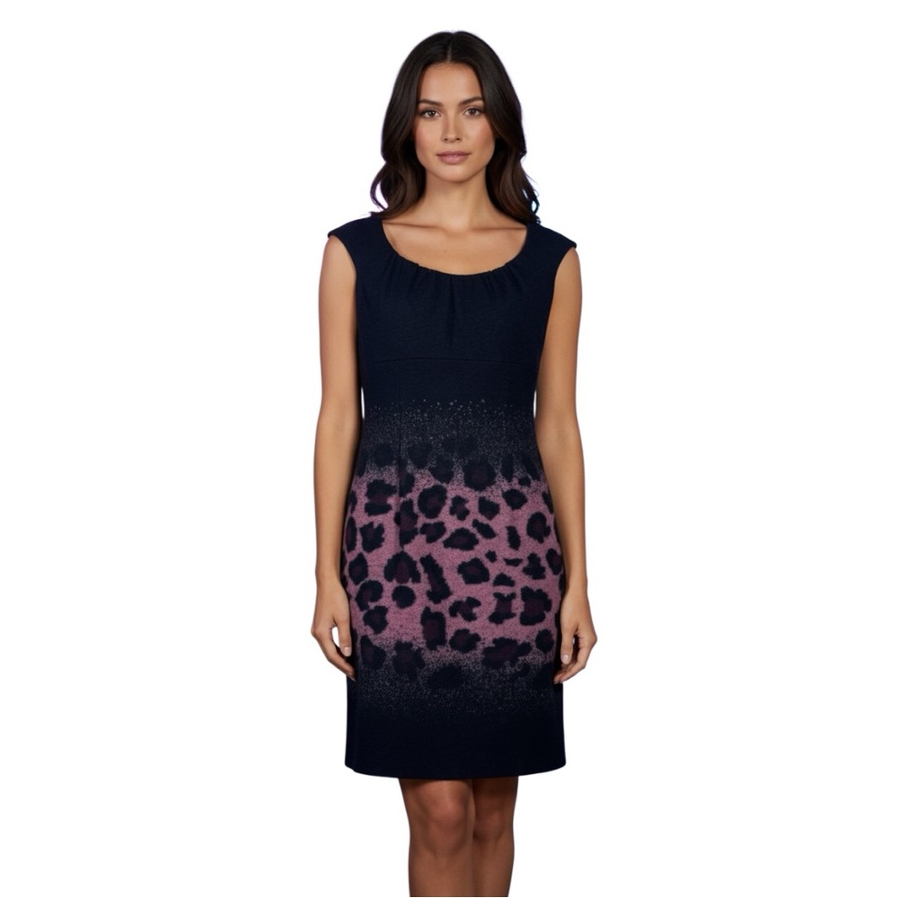 Etcetera Dress Size 2 Black Wool Leopard Print Gradient Scoop Neck Sleeveless